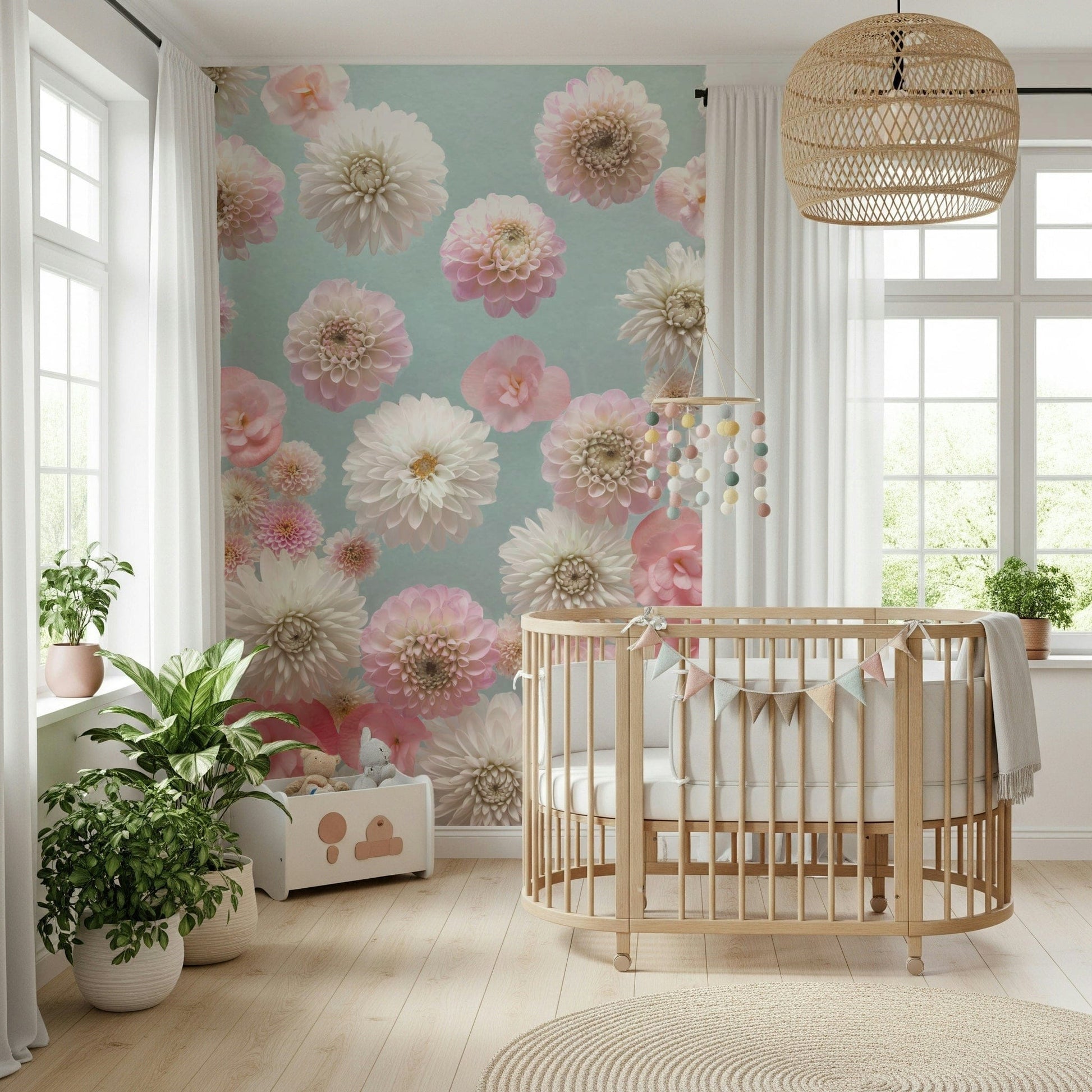 Romantic Dahlia Dance product, scattered flowers, vertical pattern mural.