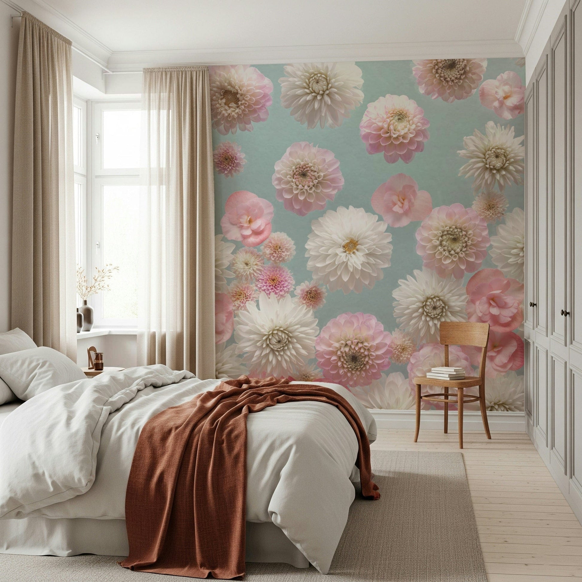 Layered Dahlia Dance blooms, aqua mist effect, elegant wall covering.