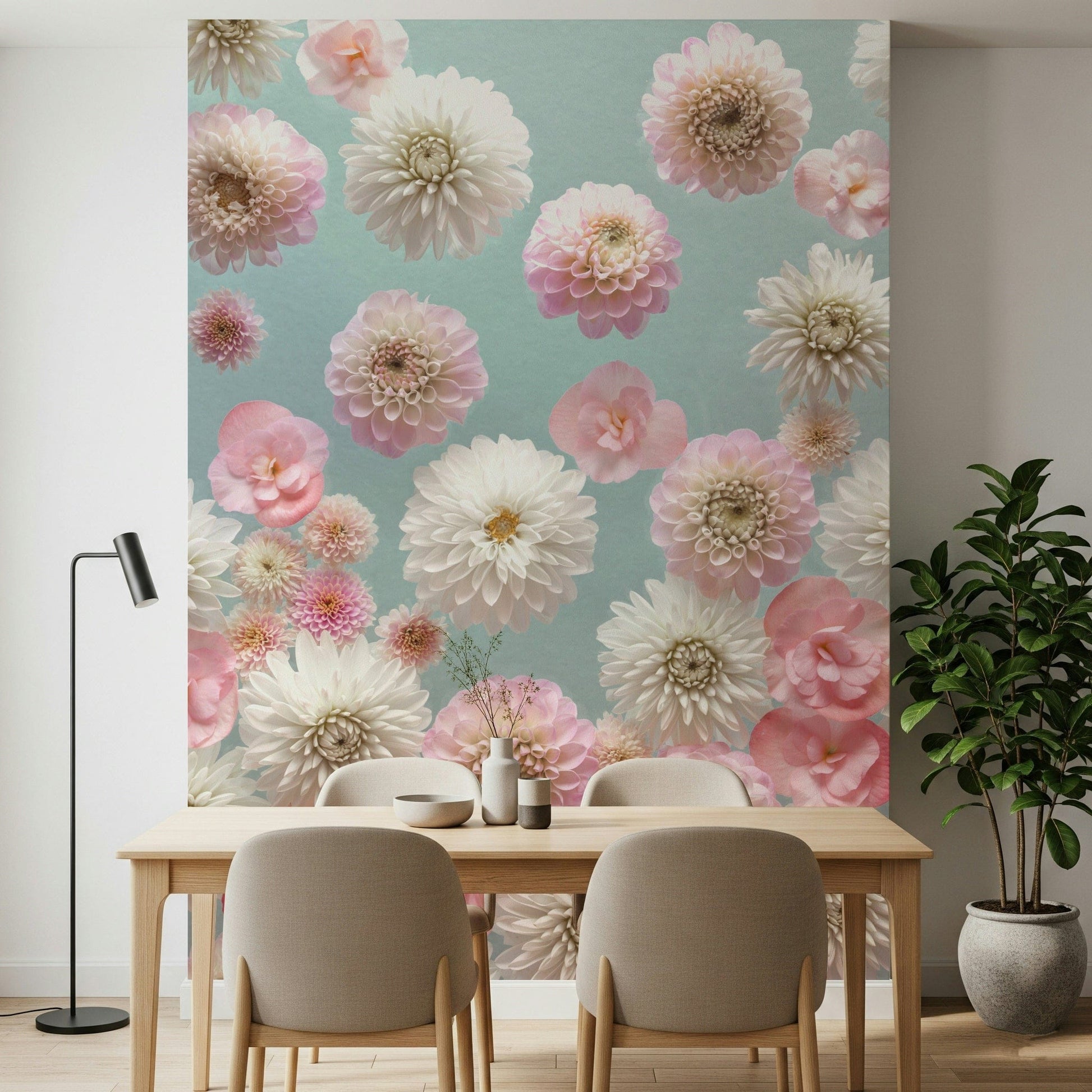 Feminine Dahlia Dance wallpaper, contemporary floral print, decorative piece.