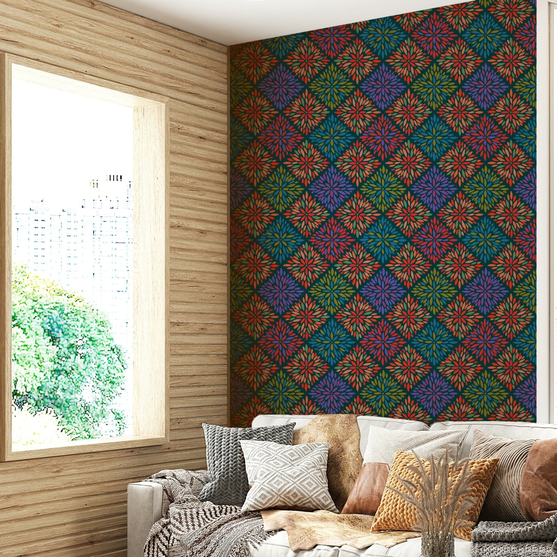 Dahlia Diamonds Bohemian Floral Damask Tiles Bright Jewel Tones on Dark Teal  Wallpaper ⁠GD3940
