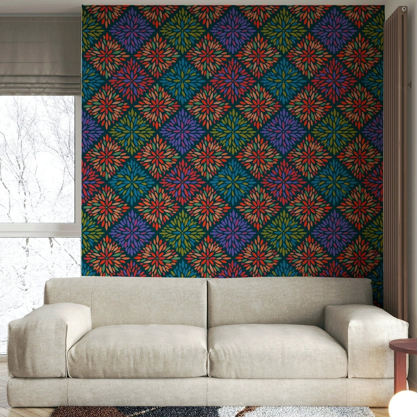 Bohemian Floral Damask Tiles Bright Jewel Tones on Dark Teal  Wallpaper ⁠GD3940
