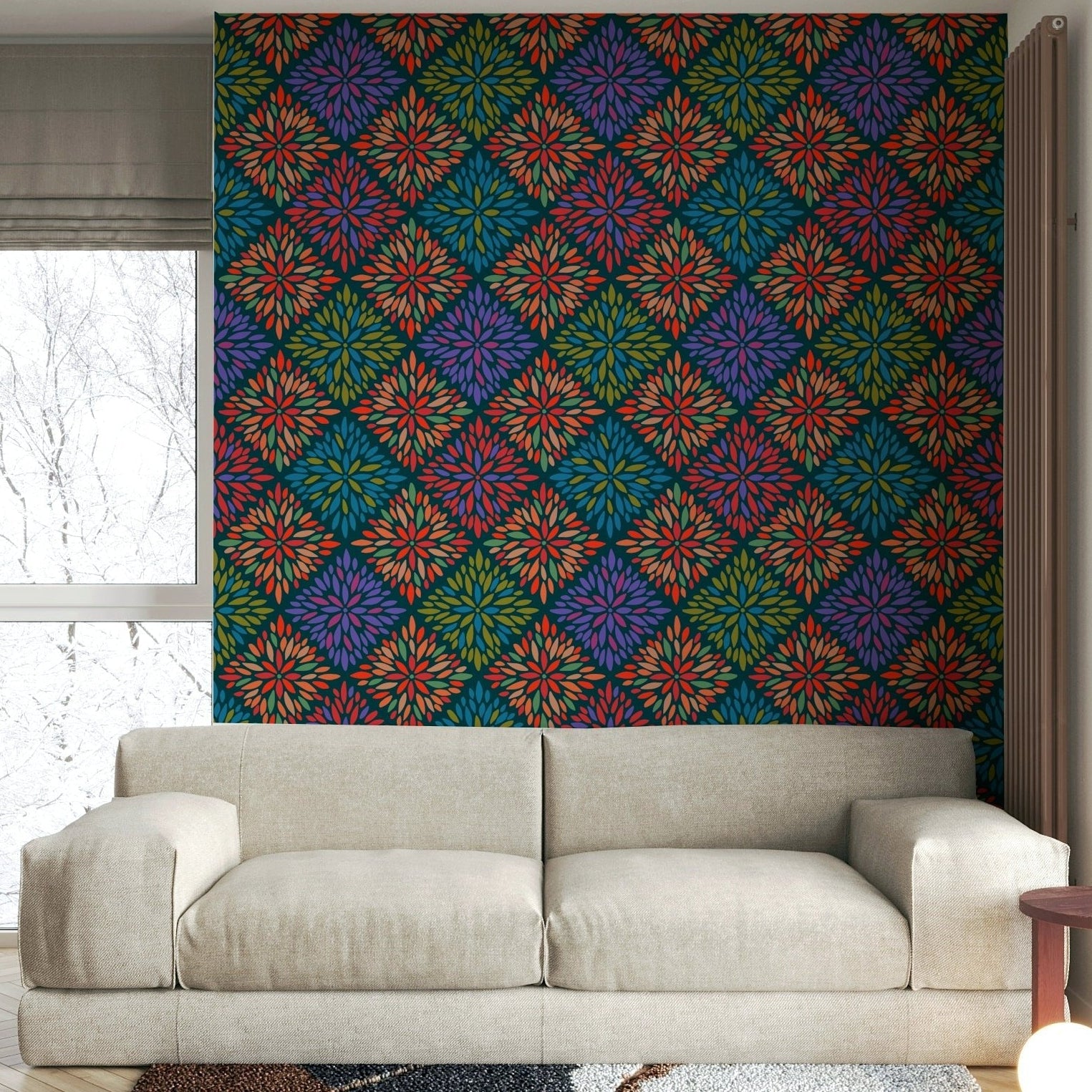 Bohemian Floral Damask Tiles Bright Jewel Tones on Dark Teal  Wallpaper ⁠GD3940
