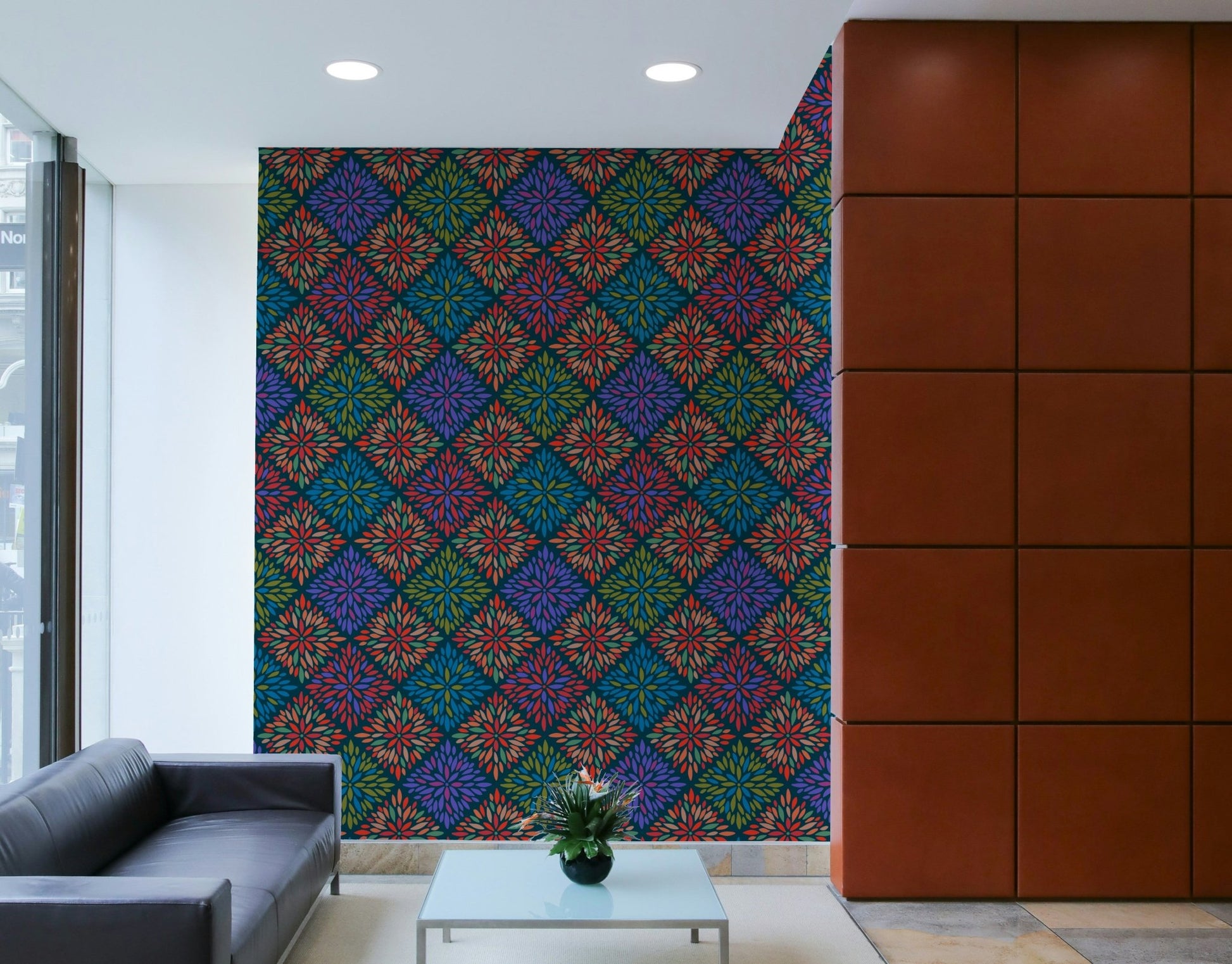 Dahlia Diamonds Bohemian Floral Damask Tiles Bright Jewel Tones on Dark Teal  Wallpaper ⁠GD3940
