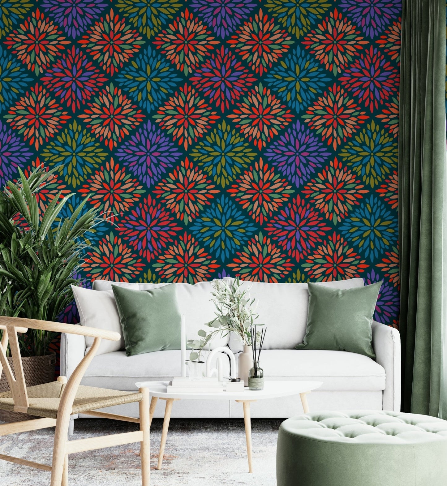 Damask Tiles Bright Jewel Tones on Dark Teal  Wallpaper ⁠GD3940
