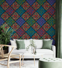Damask Tiles Bright Jewel Tones on Dark Teal  Wallpaper ⁠GD3940
