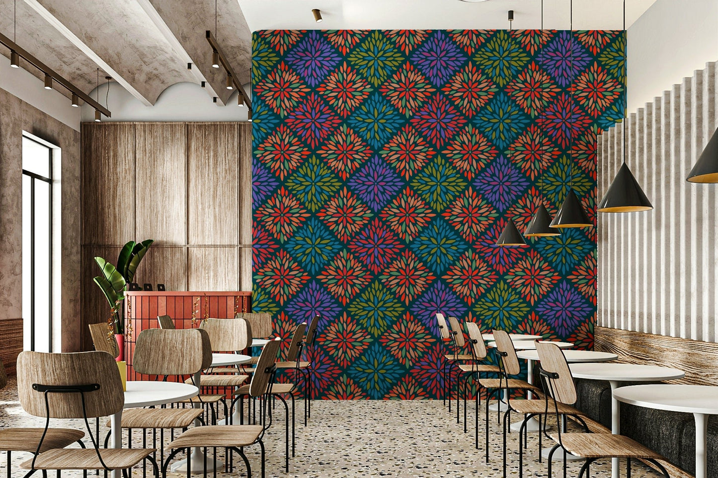 Damask Tiles Bright Jewel Tones on Dark Teal  Wallpaper ⁠GD3940
