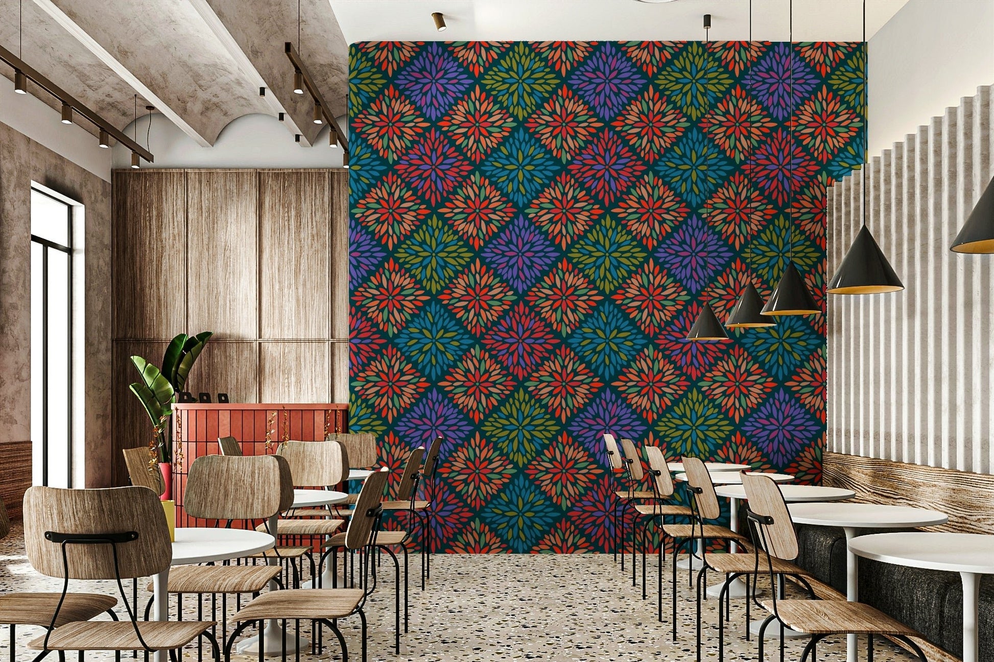 Damask Tiles Bright Jewel Tones on Dark Teal  Wallpaper ⁠GD3940
