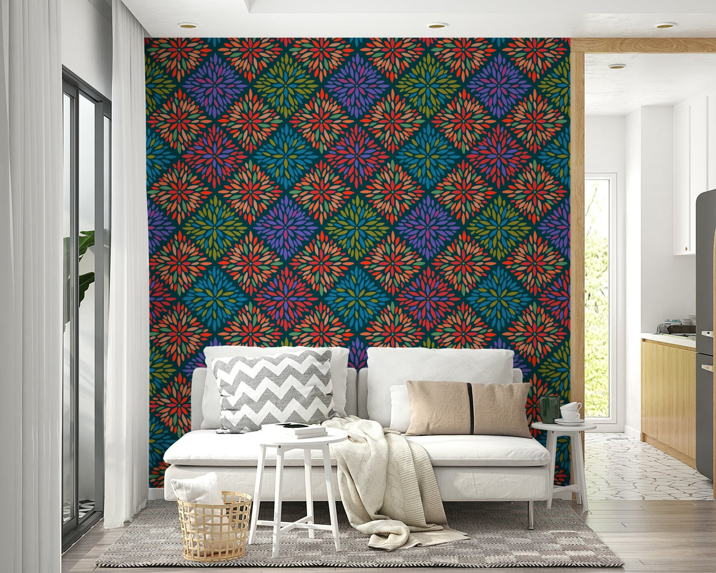 Dahlia Diamonds Bohemian Floral Damask Tiles Bright Jewel Tones on Dark Teal  Wallpaper ⁠GD3940
