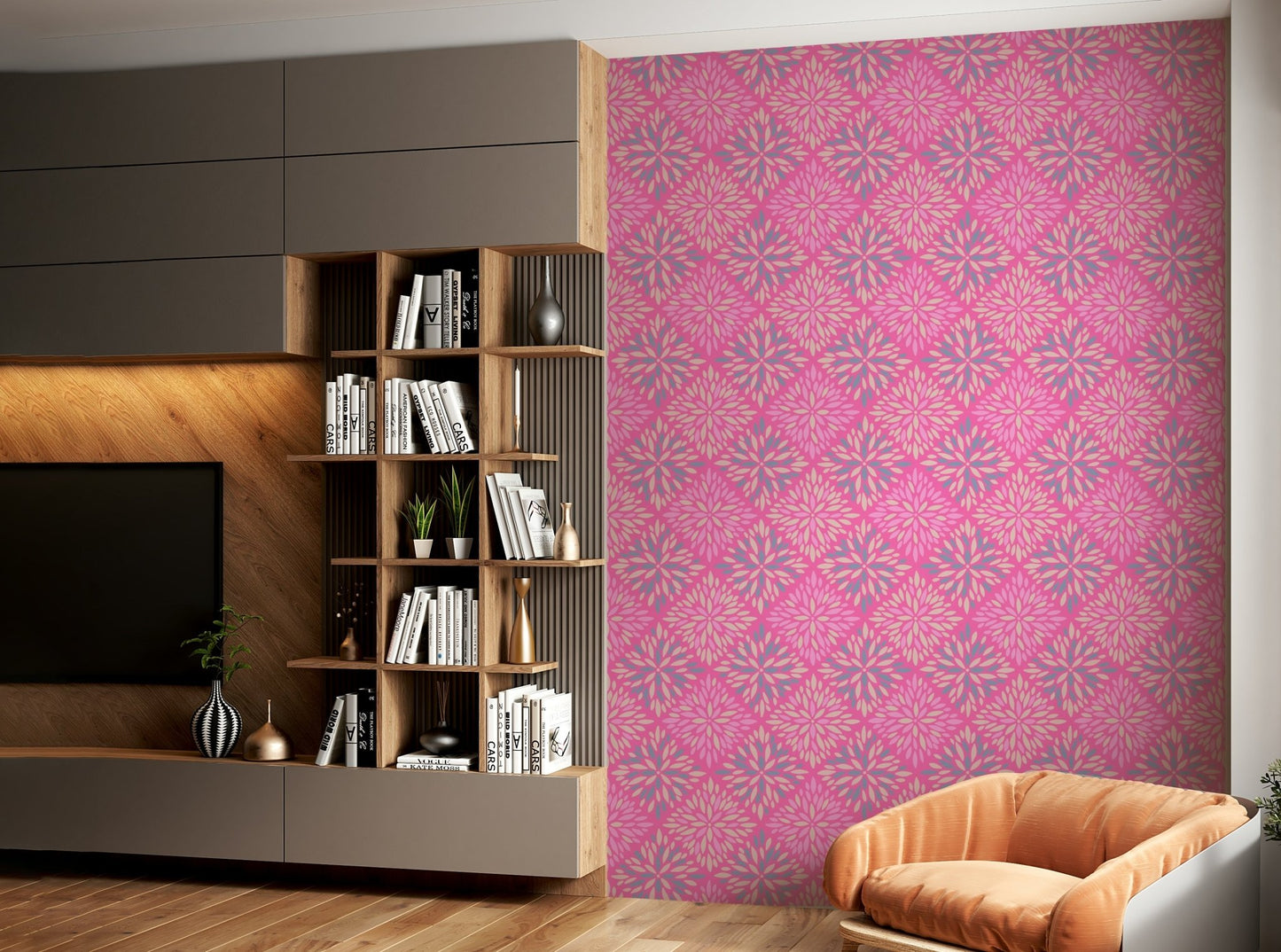 The wallpaper is used to create a feature wall in a dining room., GD4555