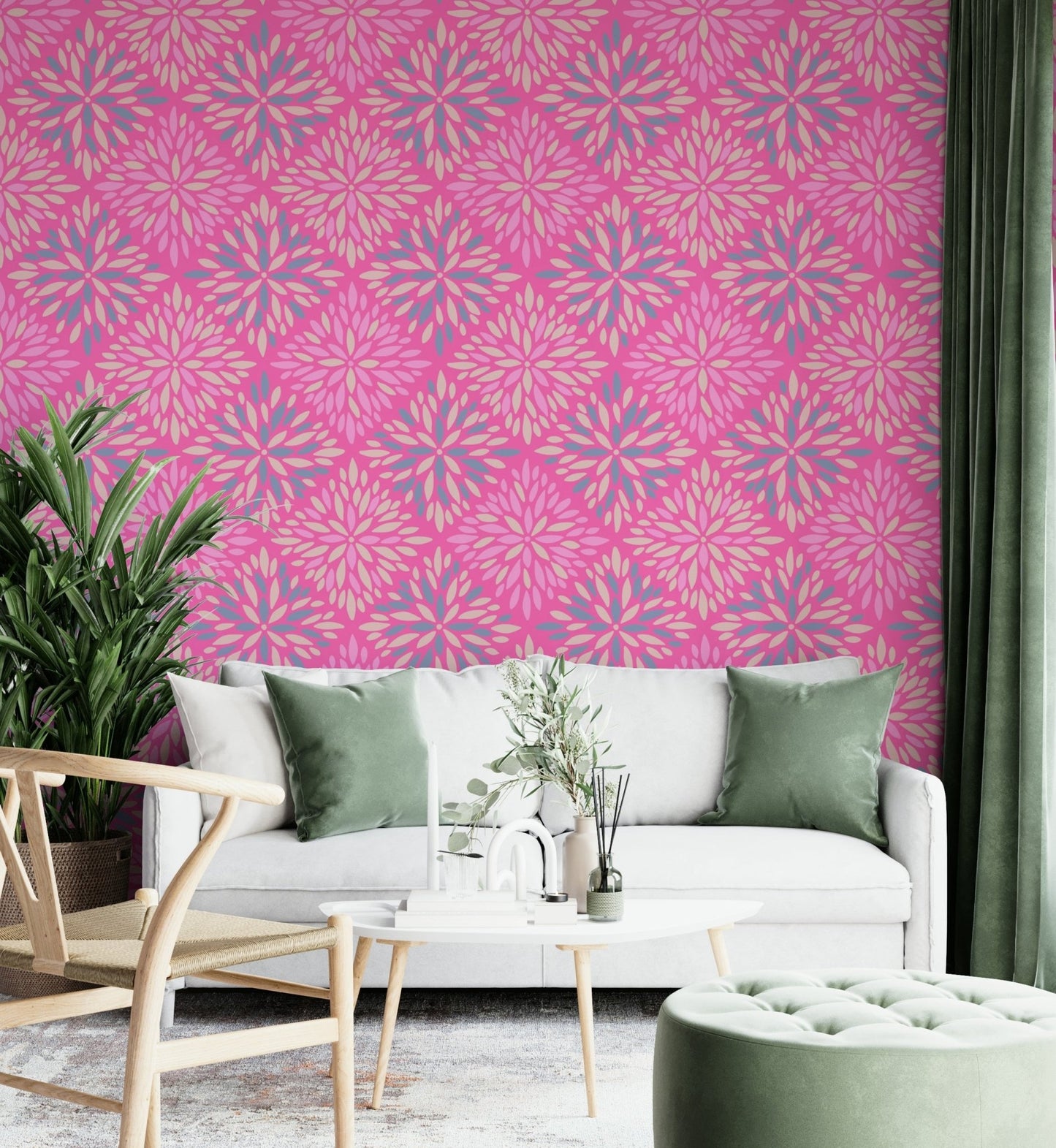 A bedroom with the floral tile mural behind the headboard., GD4555