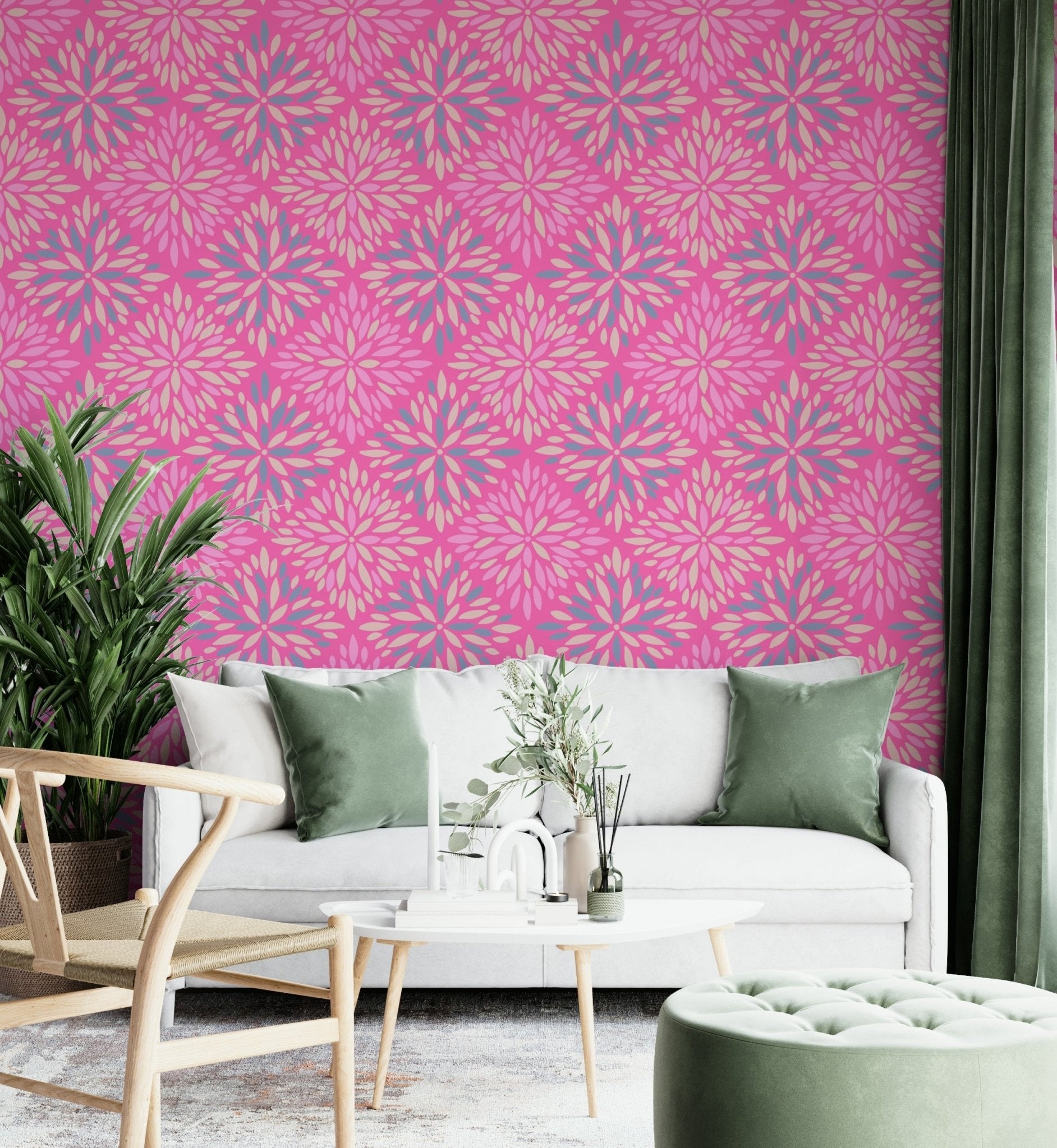 A bedroom with the floral tile mural behind the headboard., GD4555