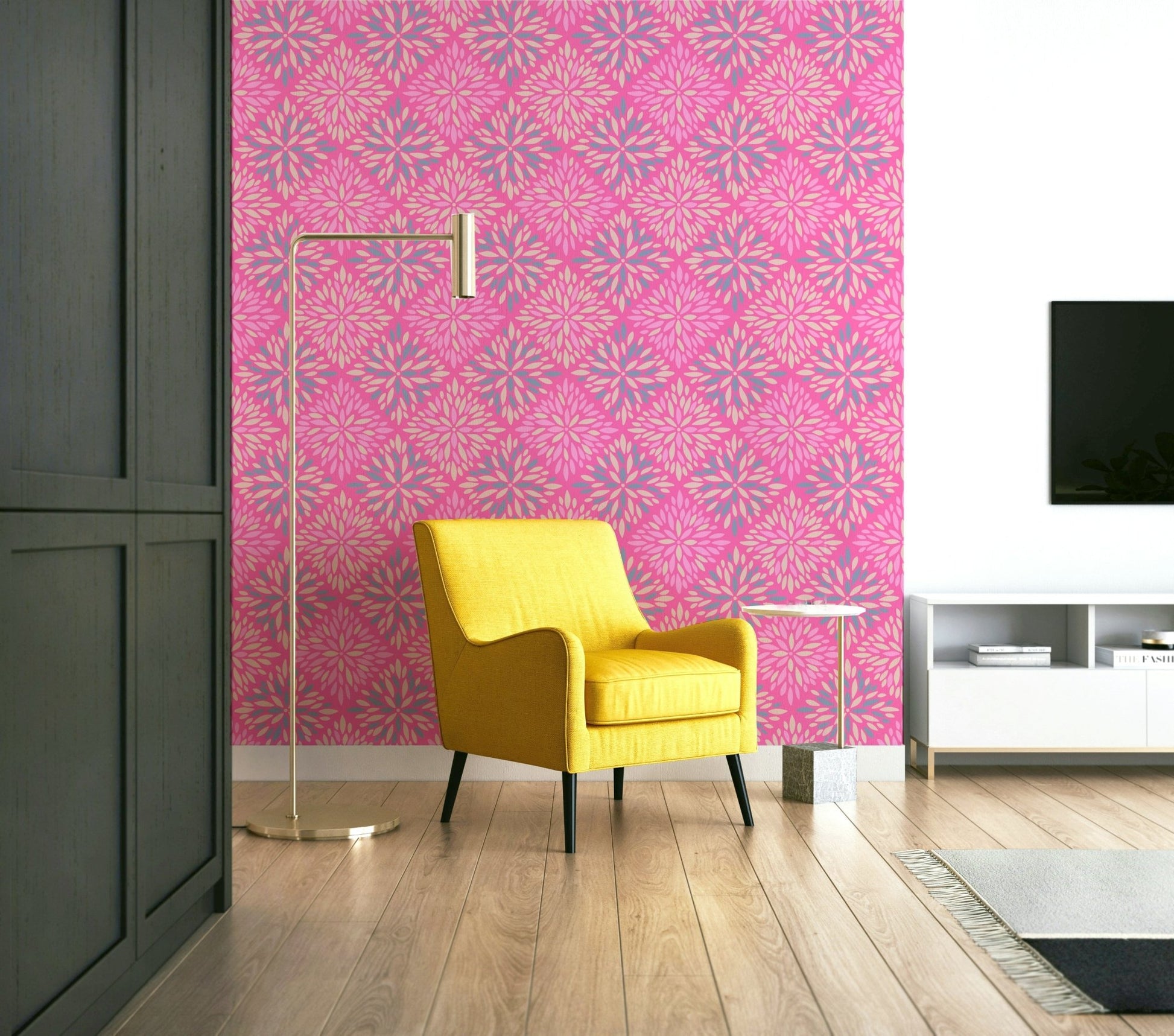 A close-up of the damask pattern and fuchsia colors., GD4555