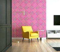 A close-up of the damask pattern and fuchsia colors., GD4555