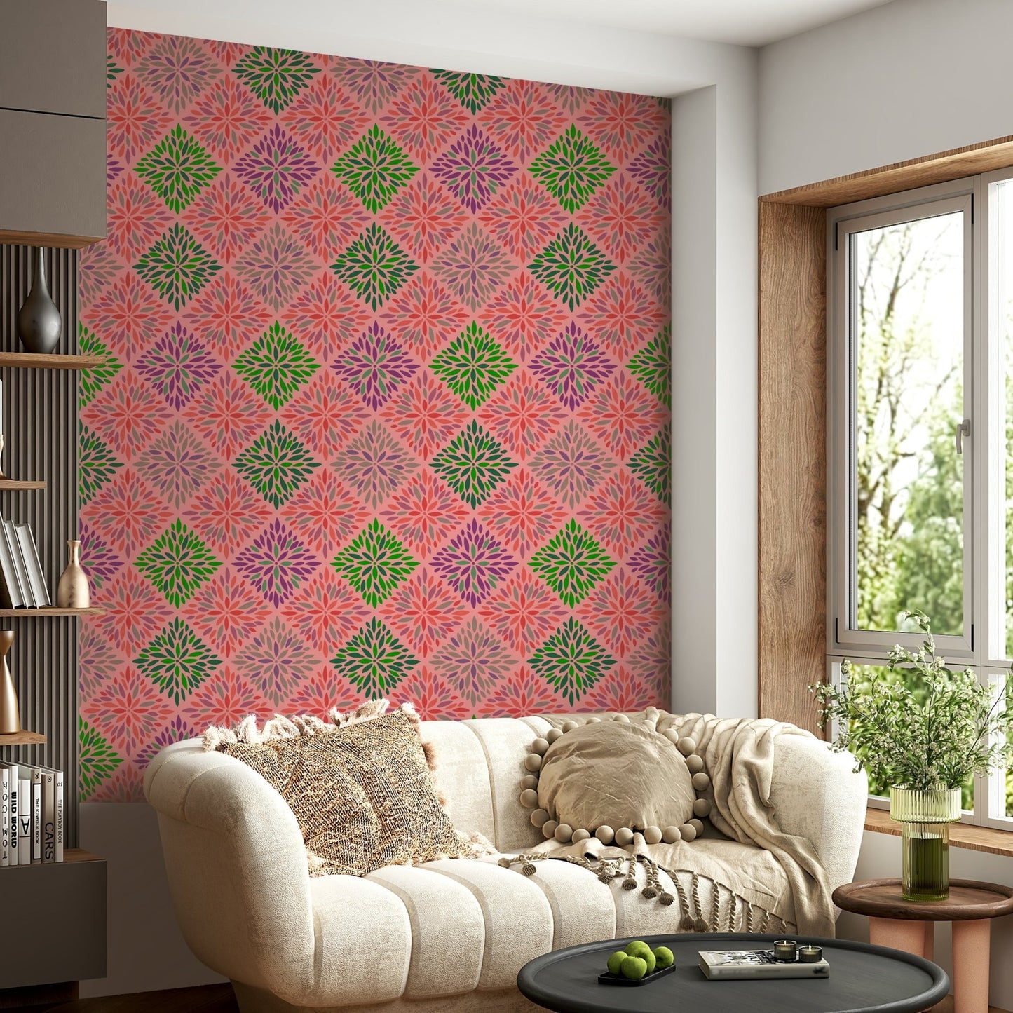 Dahlia Diamonds Bohemian Floral Damask Tiles Palazzo Pink and Green Wallpaper⁠