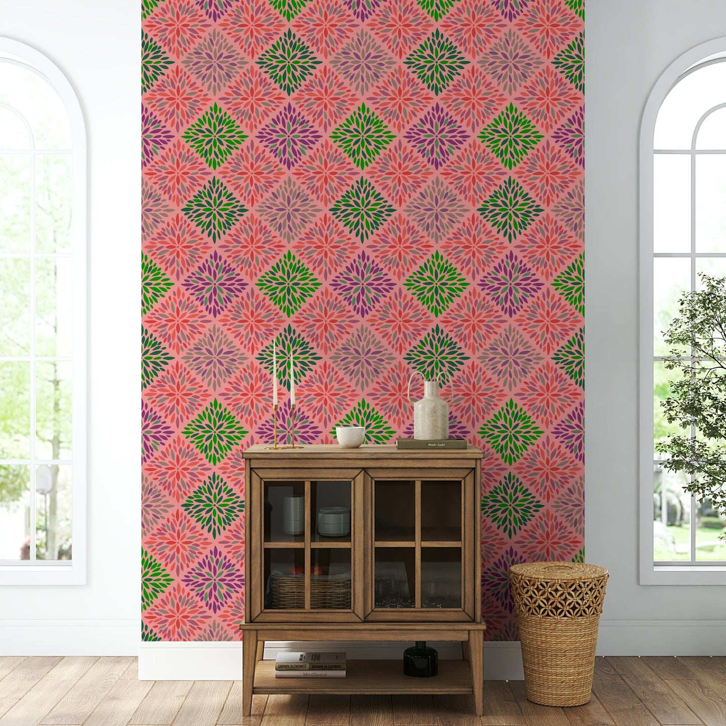 Dahlia Diamonds Bohemian Floral Damask Tiles Palazzo Pink and Green Wallpaper⁠