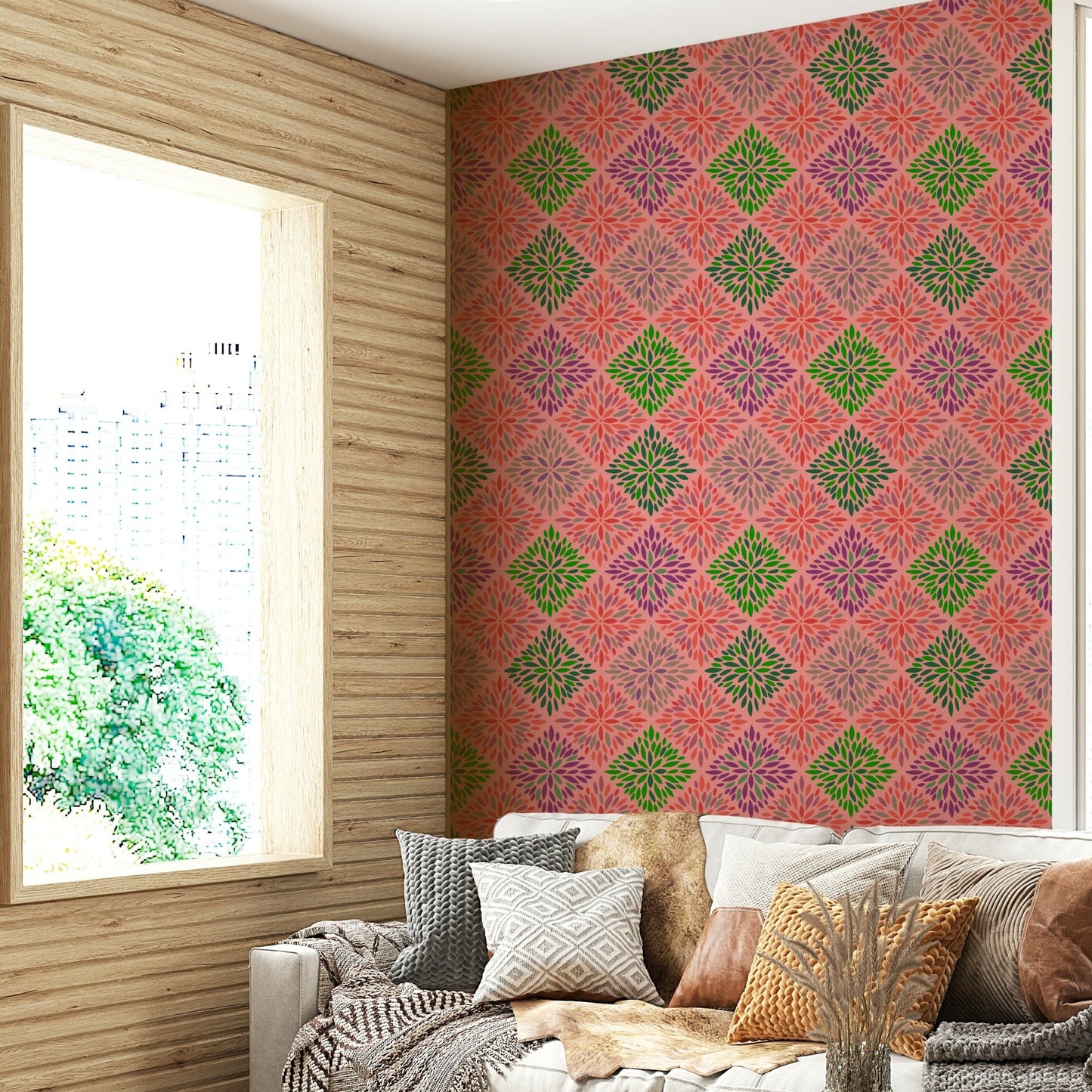 Dahlia Diamonds Bohemian Floral Damask Tiles Palazzo Pink and Green Wallpaper⁠