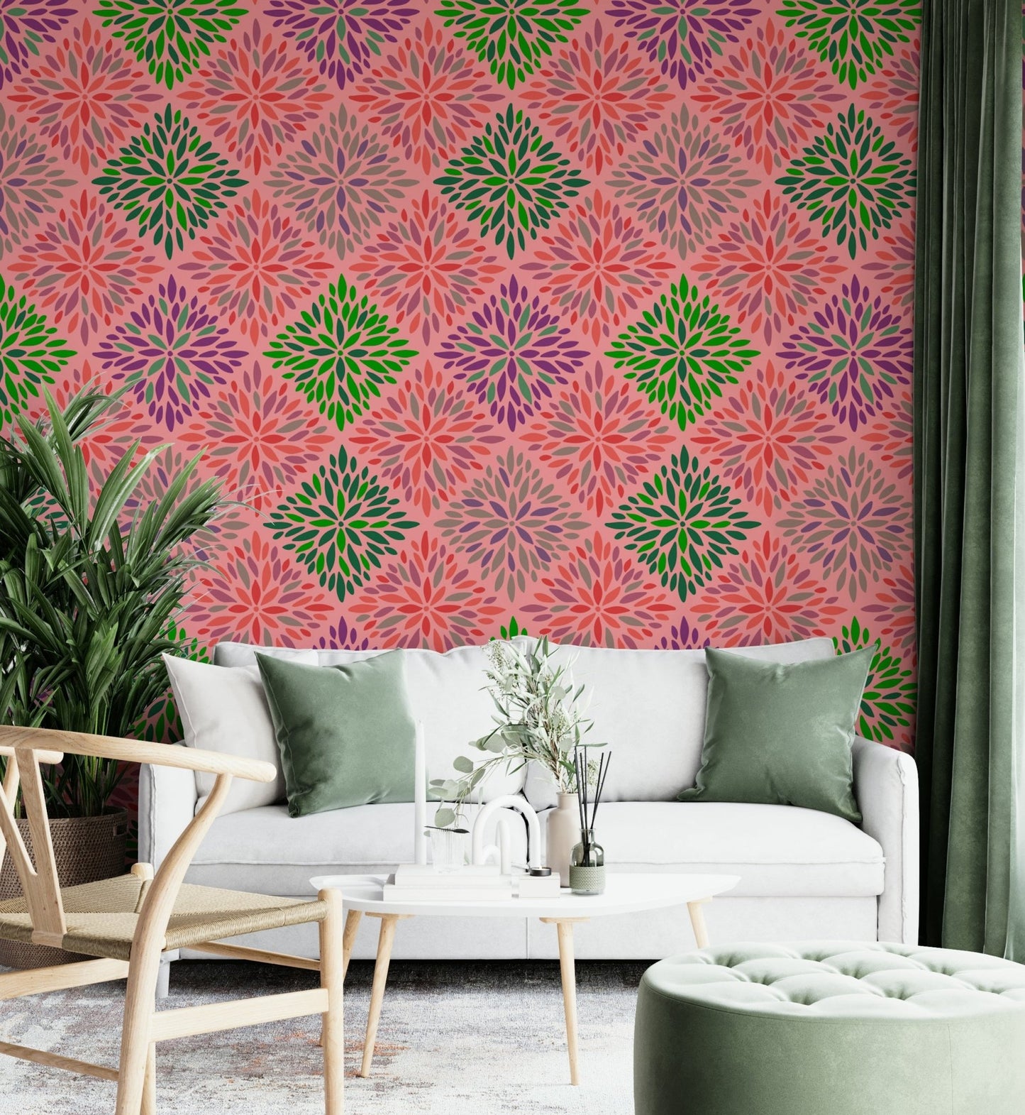 Dahlia Diamonds Bohemian Floral Damask Tiles Palazzo Pink and Green Wallpaper⁠