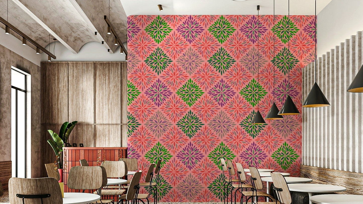 Dahlia Diamonds Bohemian Floral Damask Tiles Palazzo Pink and Green Wallpaper⁠