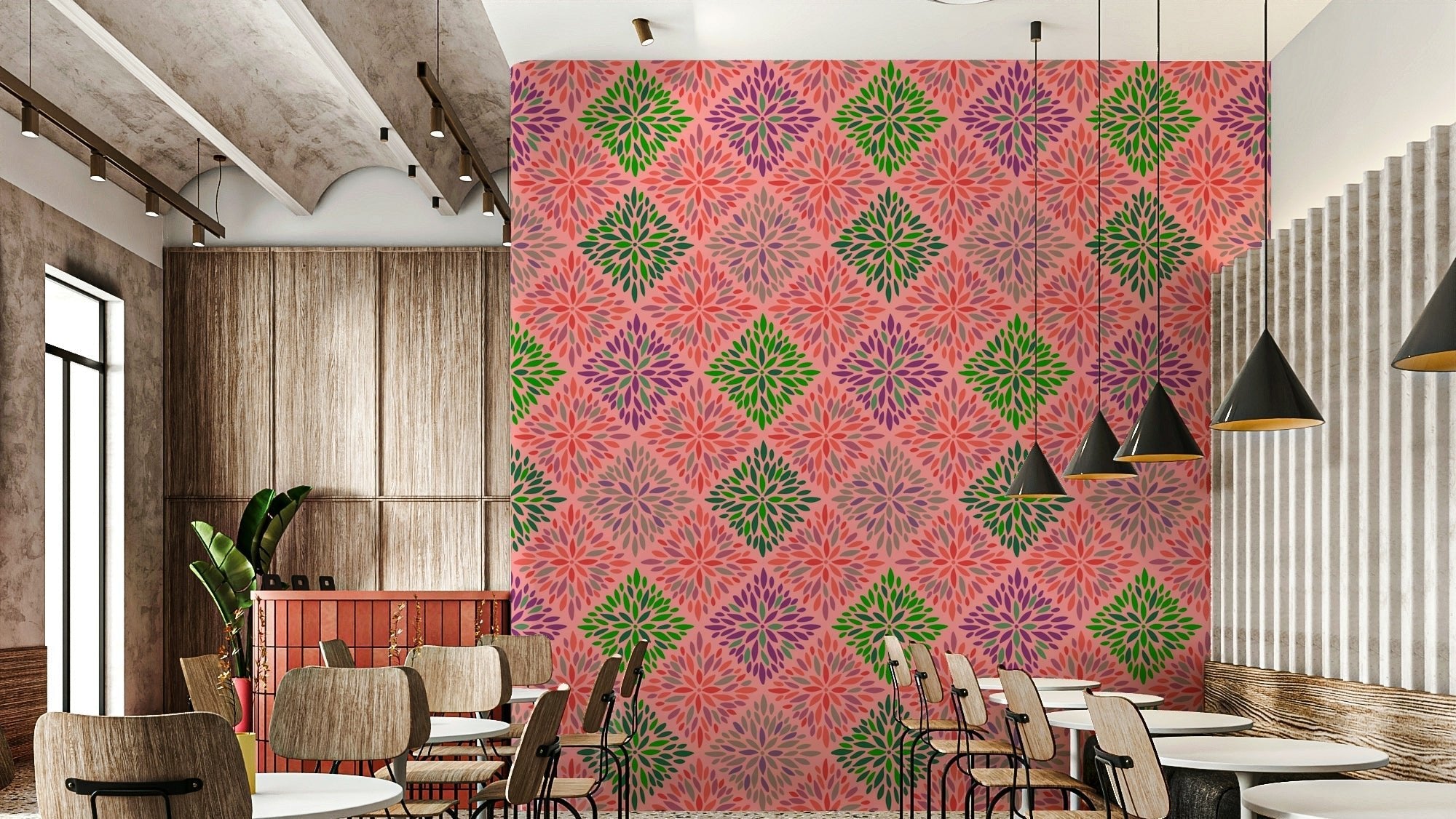 Dahlia Diamonds Bohemian Floral Damask Tiles Palazzo Pink and Green Wallpaper⁠ GD3942