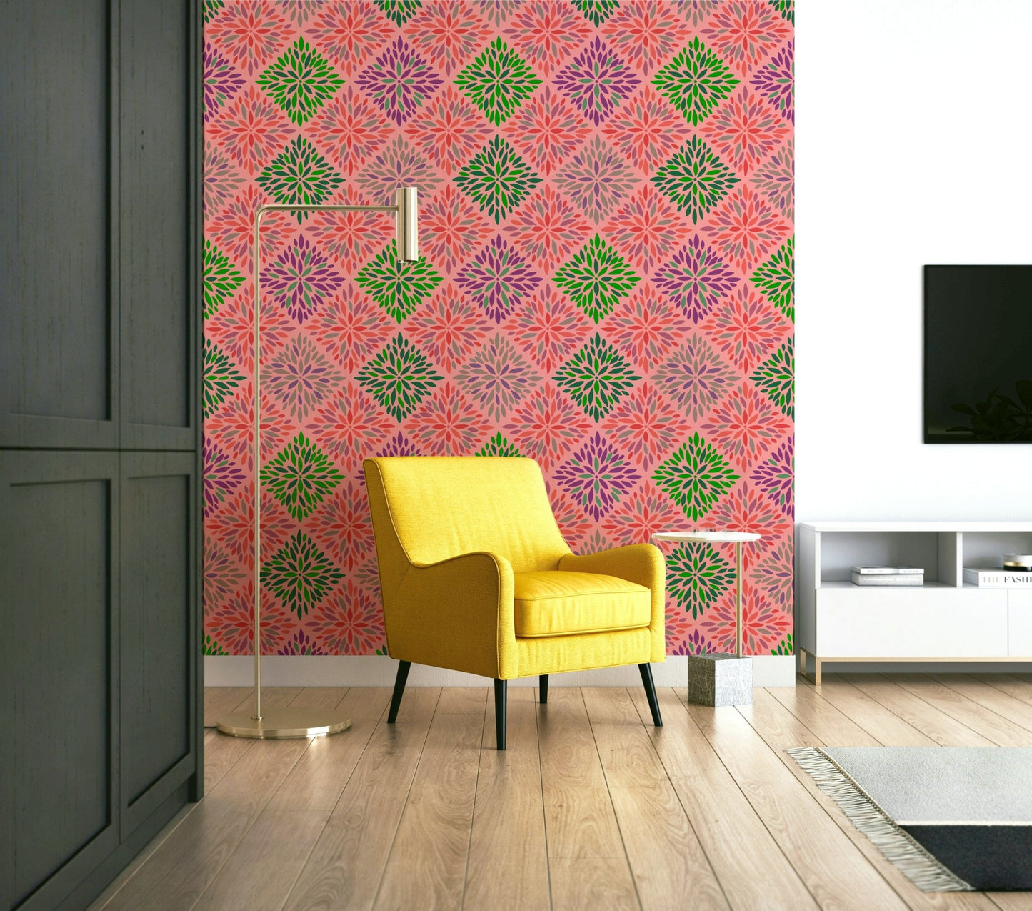 Dahlia Diamonds Bohemian Floral Damask Tiles Palazzo Pink and Green Wallpaper⁠