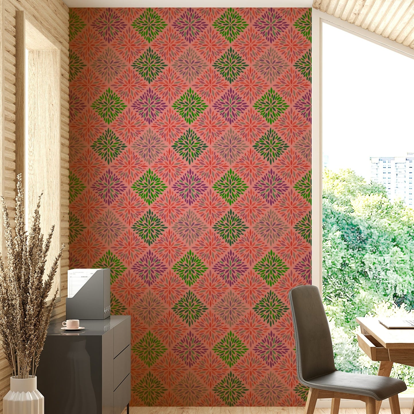 Dahlia Diamonds Bohemian Floral Damask Tiles Palazzo Pink and Green Wallpaper⁠