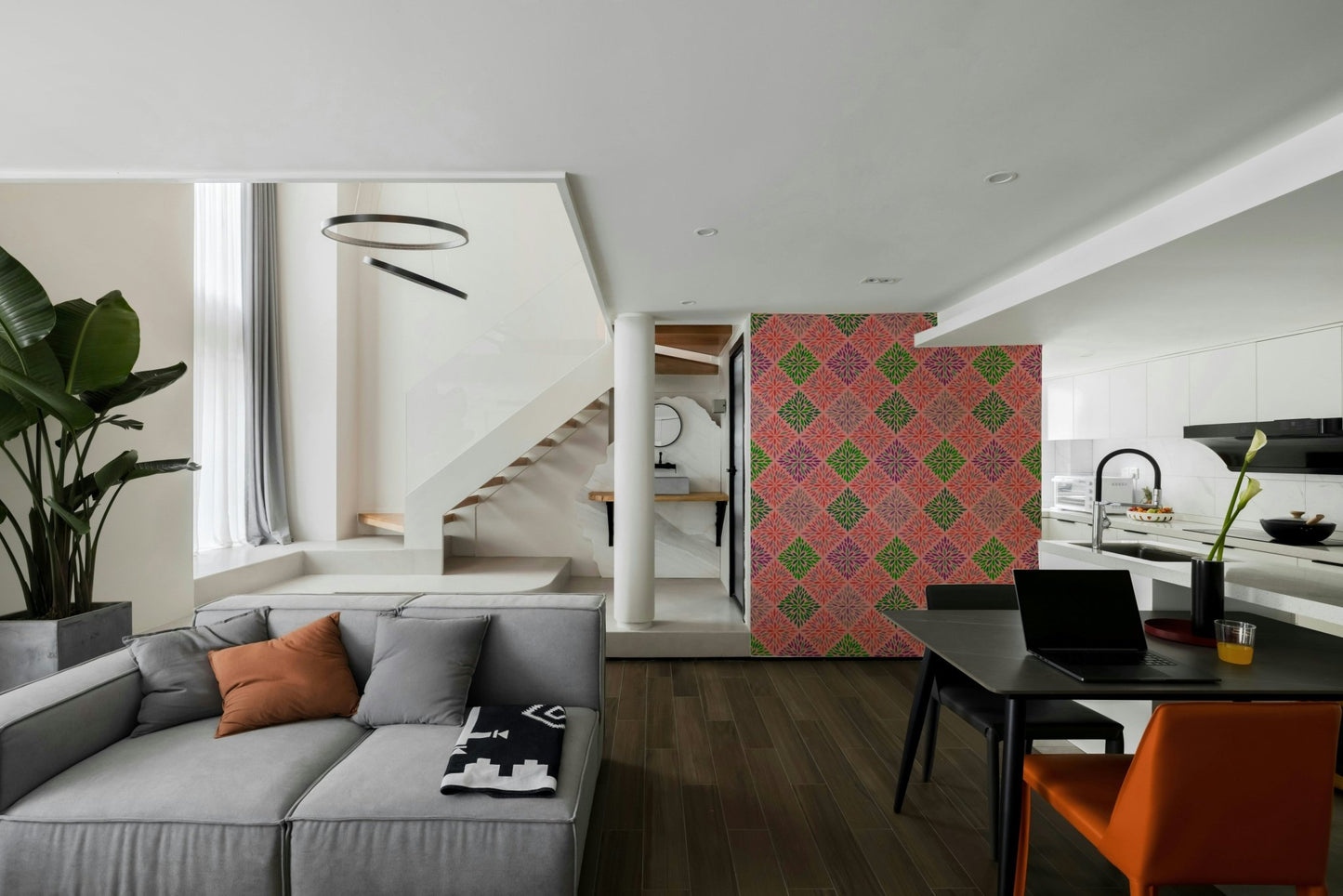 Dahlia Diamonds Bohemian Floral Damask Tiles Palazzo Pink and Green Wallpaper⁠