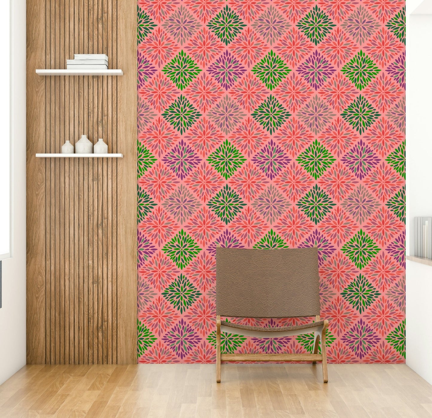 Dahlia Diamonds Bohemian Floral Damask Tiles Palazzo Pink and Green Wallpaper⁠