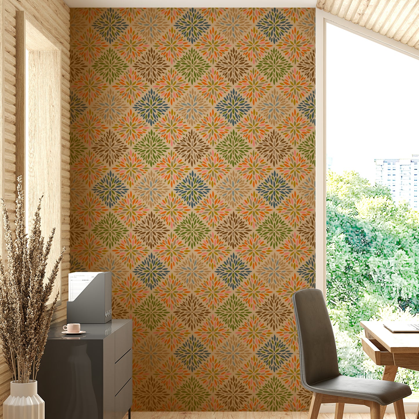 Dahlia Diamonds Bohemian Floral Damask Tiles Warm Earthy Desert Colors Wallpaper⁠