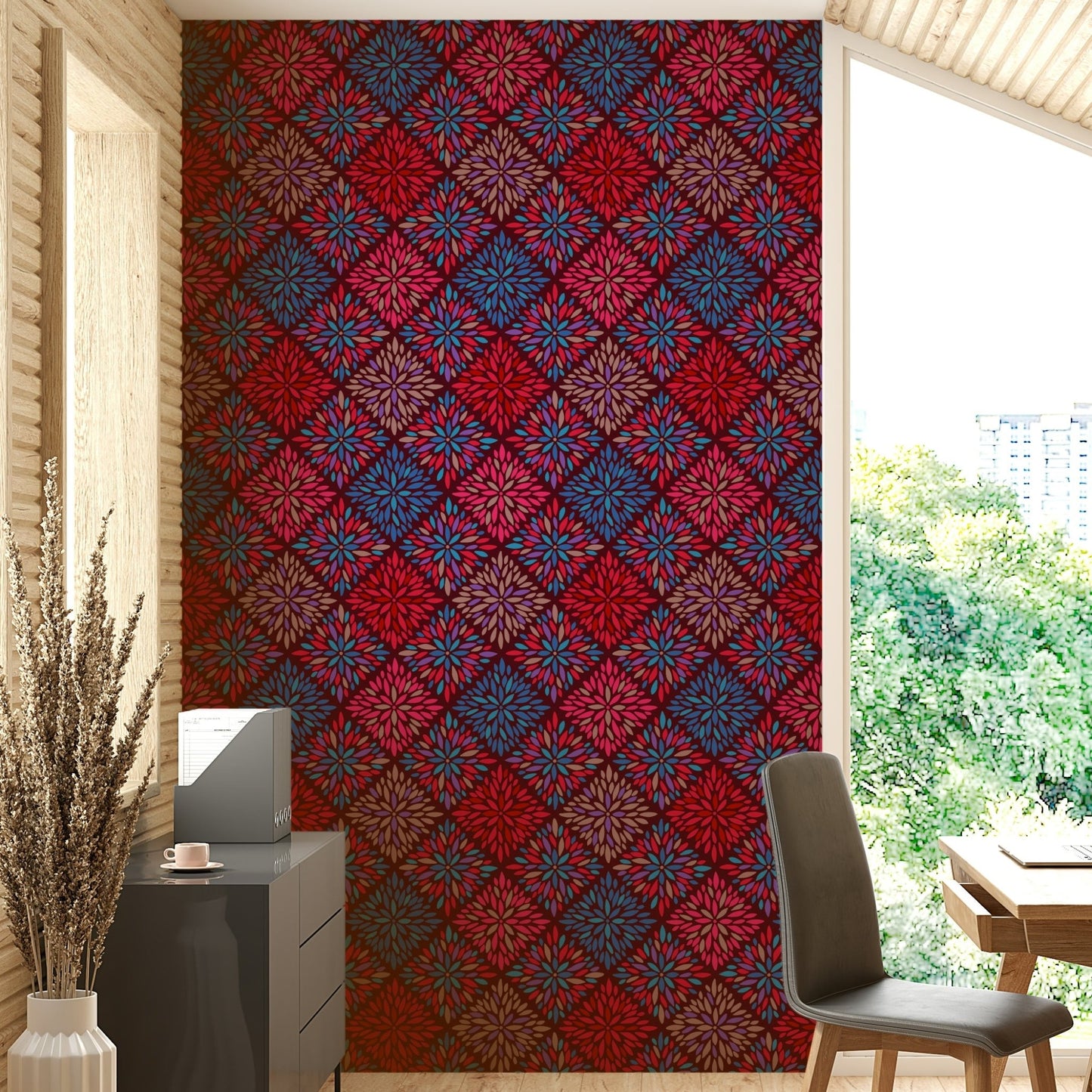 A photo of a Dahlia Diamonds Boho Floral Tile Maximalist Cherry Red Pink Blue Purple Wallpaper., GD4557