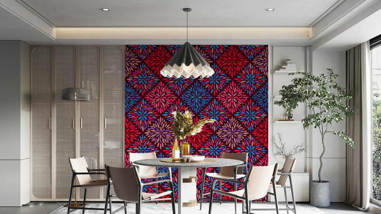 A colorful dahlia pattern wall covering.