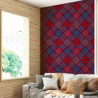 An interior view showing a wall decorated with a Dahlia Diamonds Boho Floral Tile Maximalist Cherry Red Pink Blue Purple Wallpaper., GD4557