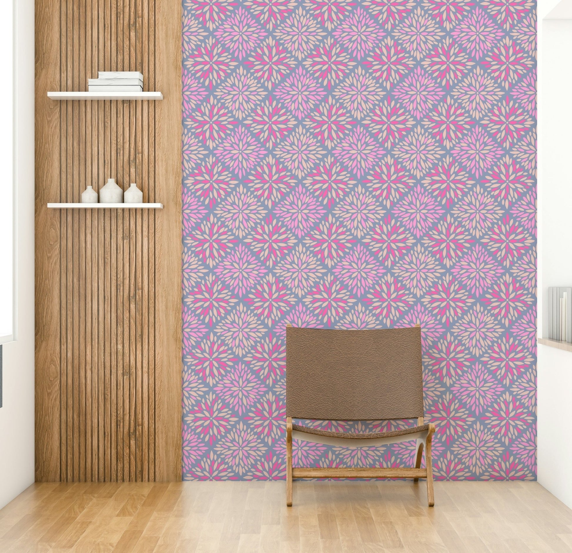 A minimalist home office with the boho floral wallpaper.