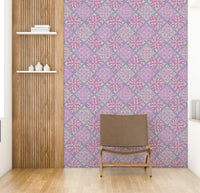 A minimalist home office with the boho floral wallpaper.