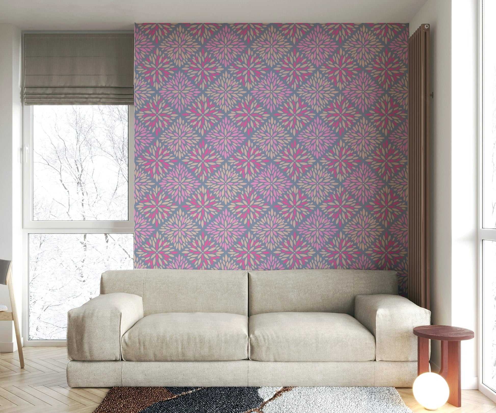 A bedroom with the floral tile mural behind the headboard.