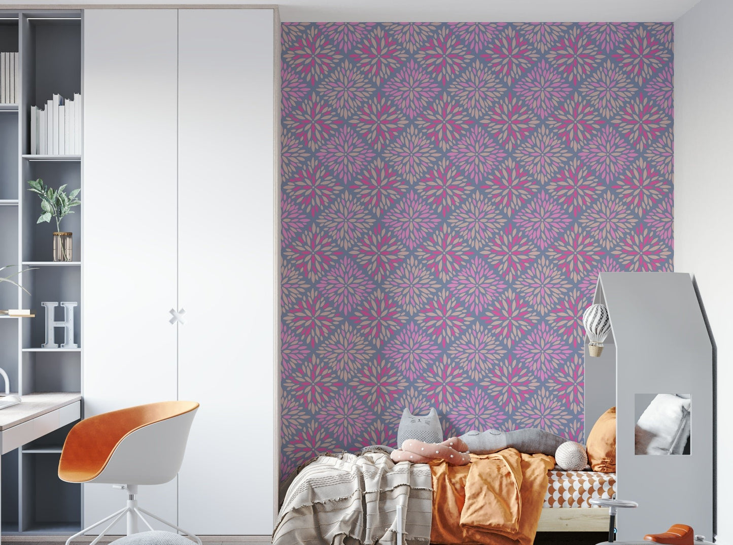 An angled shot of the mural's gentle color palette.