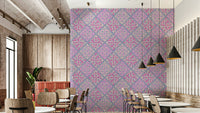 A detail shot of the pink, lavender, and purple design.
