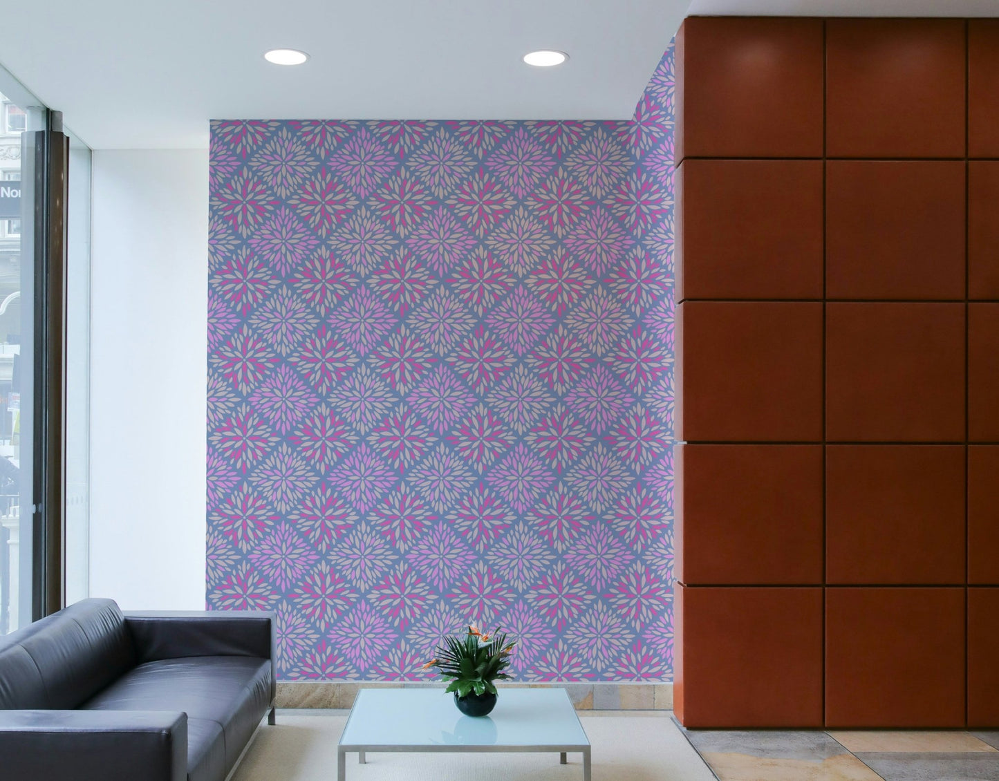 A high-angle view of the wall mural in a large space.