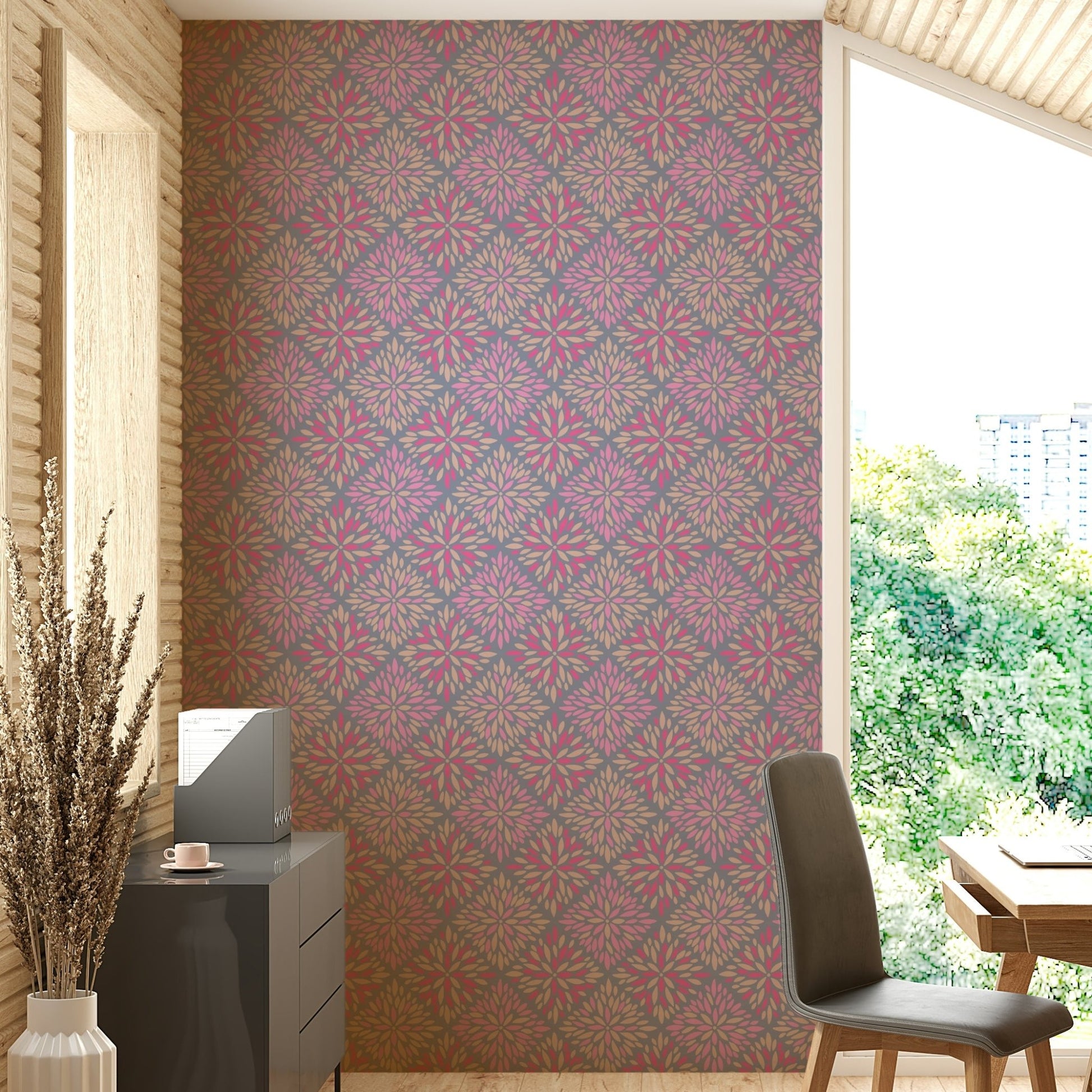 The wallpaper is used to create a feature wall in a dining room.