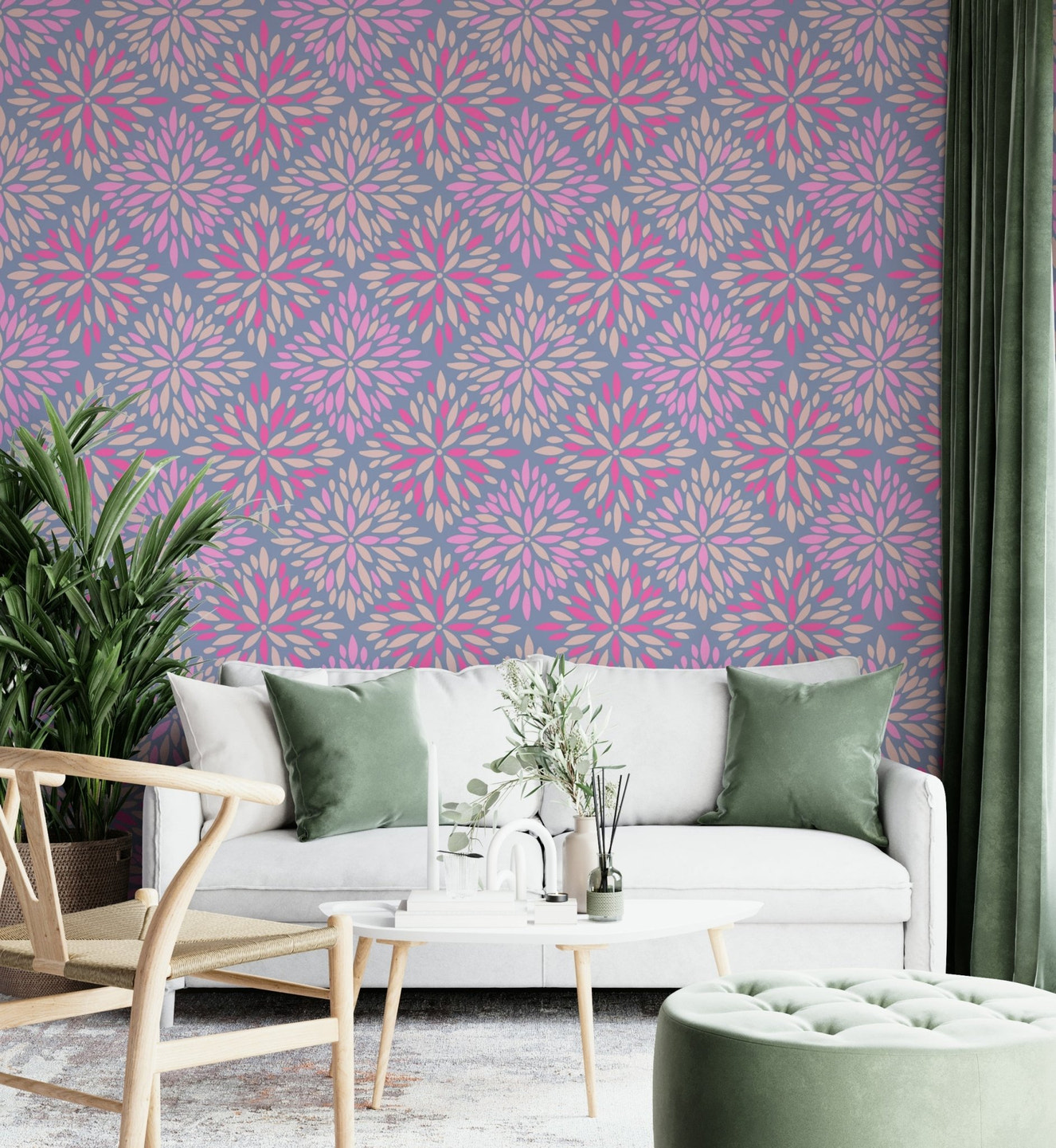 A contemporary living room with a boho floral tile wall mural.