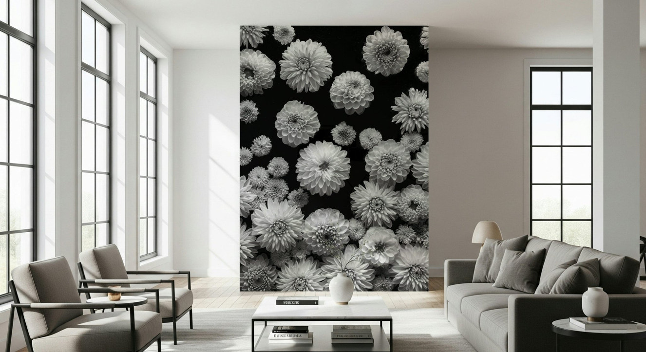 Elegant silver-toned blossoms populate Dahlia Dreamscape wallpaper mural prints.