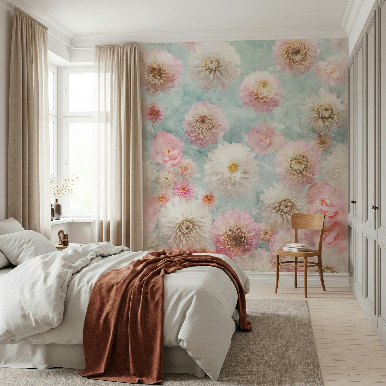 Dahlia Flowers Wall Mural in a bright living room with floral decor wallpaper.