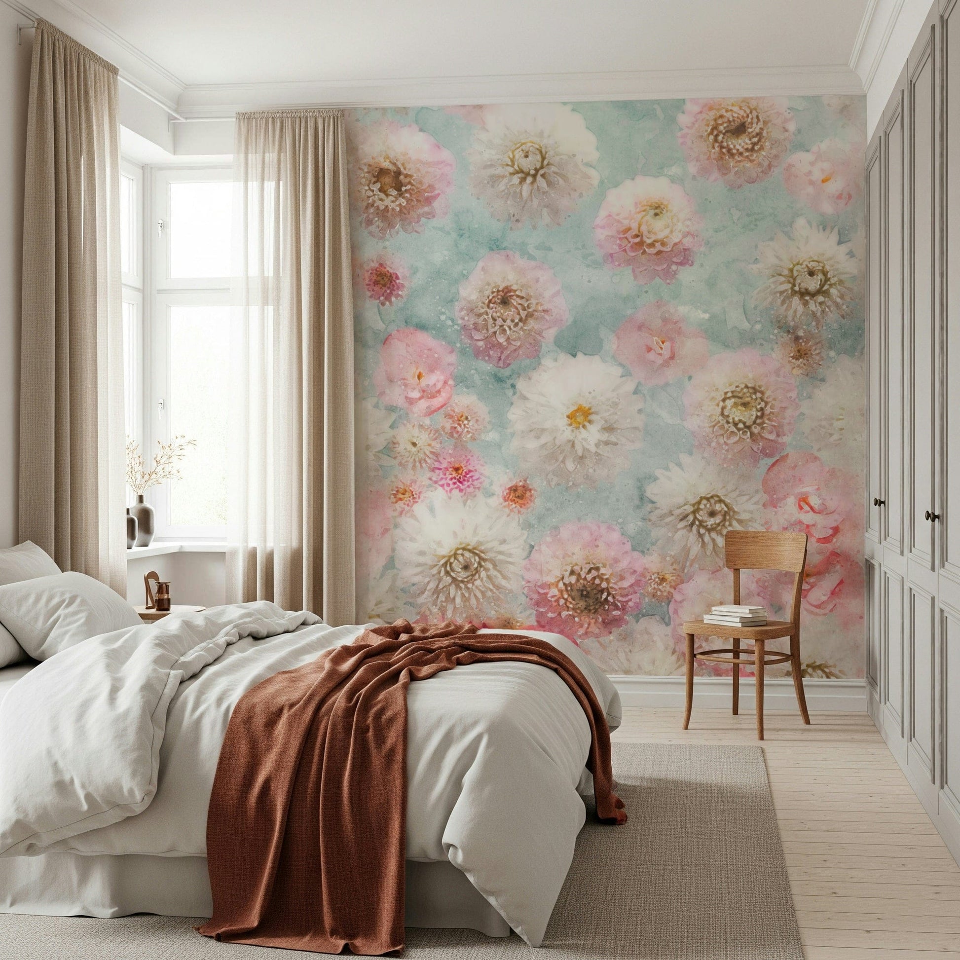 Dahlia Flowers Wall Mural in a bright living room with floral decor wallpaper.