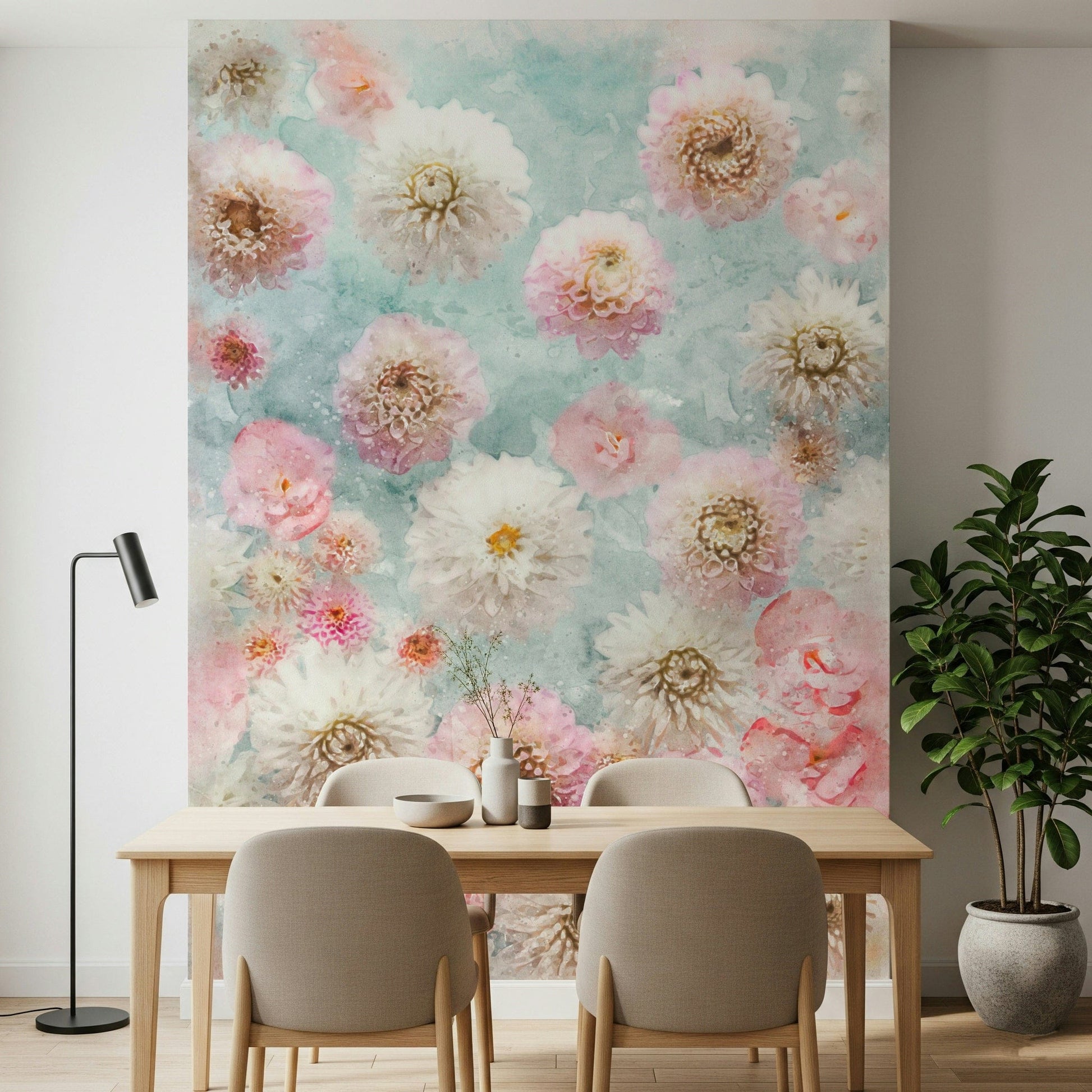 Soft pink and white dahlia wall mural in a modern dining area wallpaper.