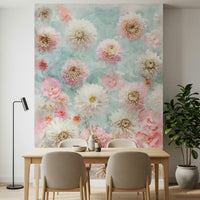 Soft pink and white dahlia wall mural in a modern dining area wallpaper.