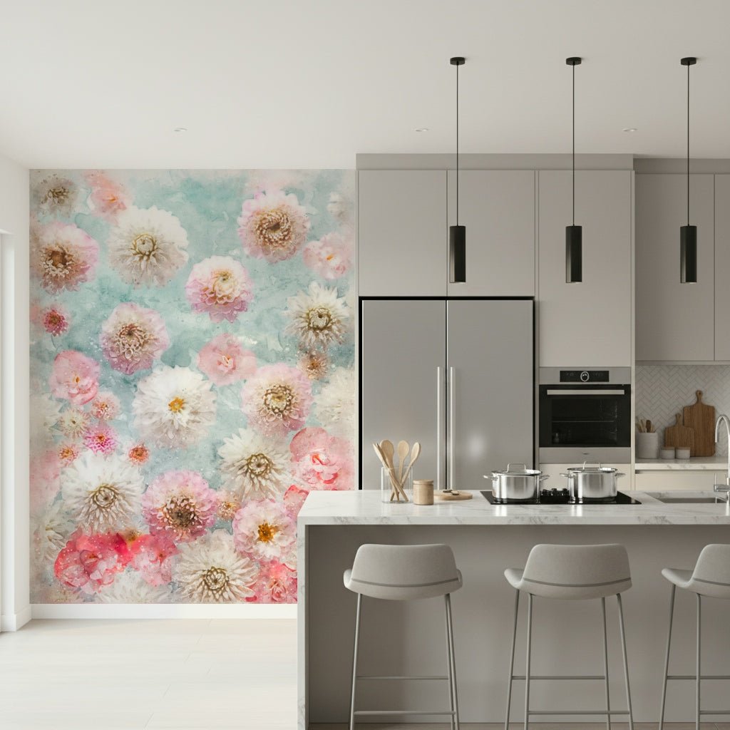 Large scale floral wallpaper for an open plan apartment living space wall mural.