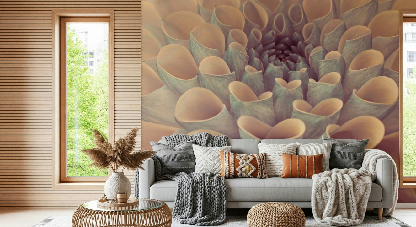 Soft pastel grey bloom texture in Dahlia Petals wallpaper mural calming decor.