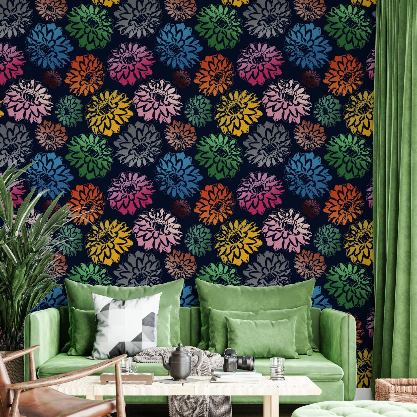 Wallpaper with a mix of pink, blue, green, and yellow floral motifs.

