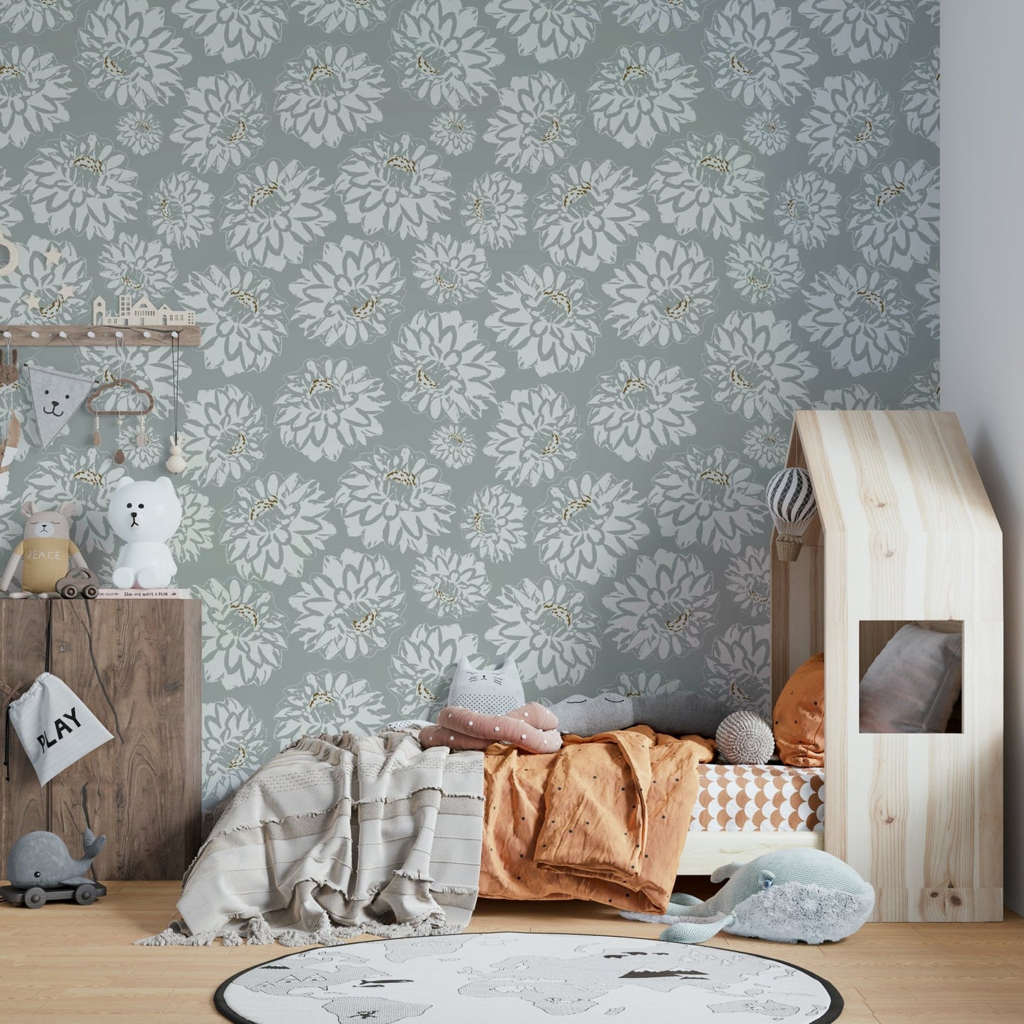 Design featuring dahlias in shades of soft blue, white, and gray.

