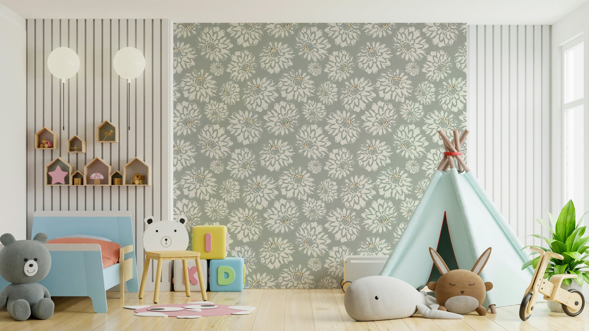 Dahlias Soft Blue Wallpaper.

