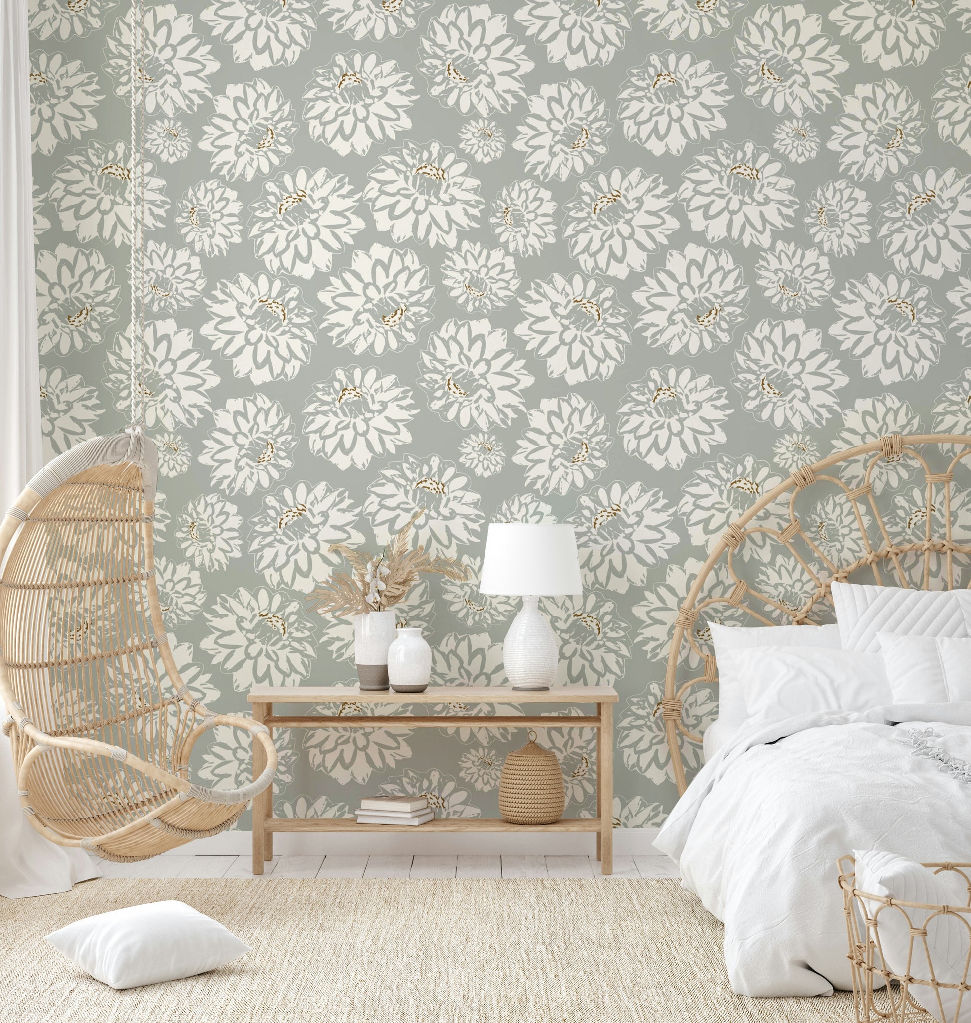 Dahlias wallpaper for a modern living room.

